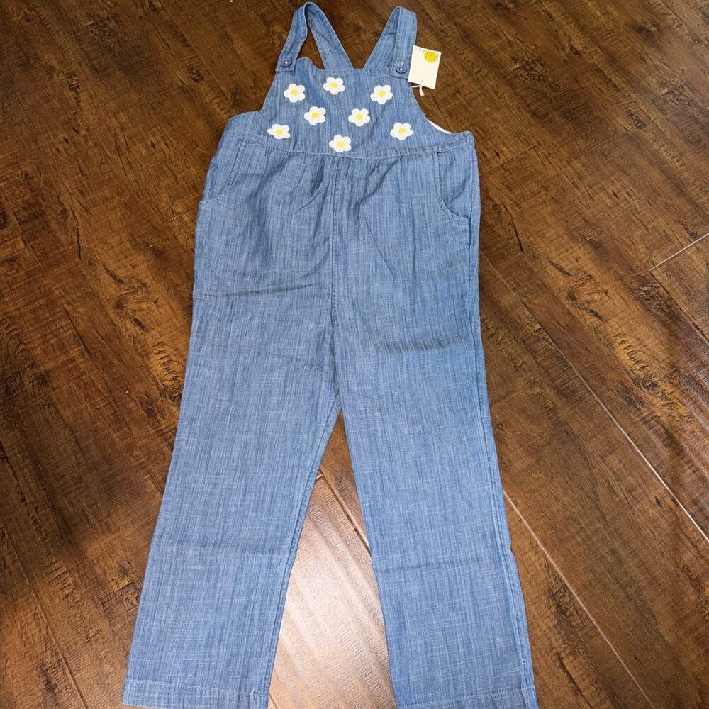 MINI BODEN 6-7Y Overalls Girls Chambray Denim Ditsy Daisy Applique Jumpsuit